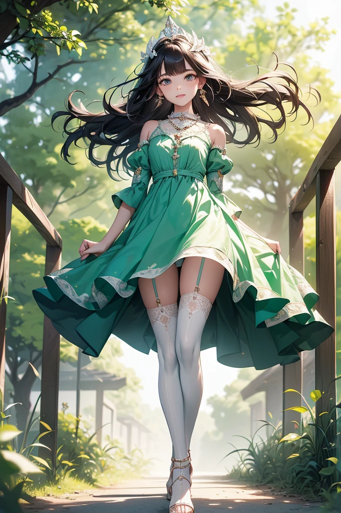 ((Biologically correct limb count))、((Full Body Shot, Full-body photo including face、Head to toe photos))、4K、masterpiece、((Focus on the face))、((Symmetrical facial features))、Eyes of meticulous depiction、One beautiful woman、Excellent style、((stockings、Princess line dress、High heels、Lace pants))、Detailed Description、Small earrings、necklace、((Looking up in the park early in the morning))、Low-angle full-body close-up photo、(Panty shot)、Focus on the face、green paper