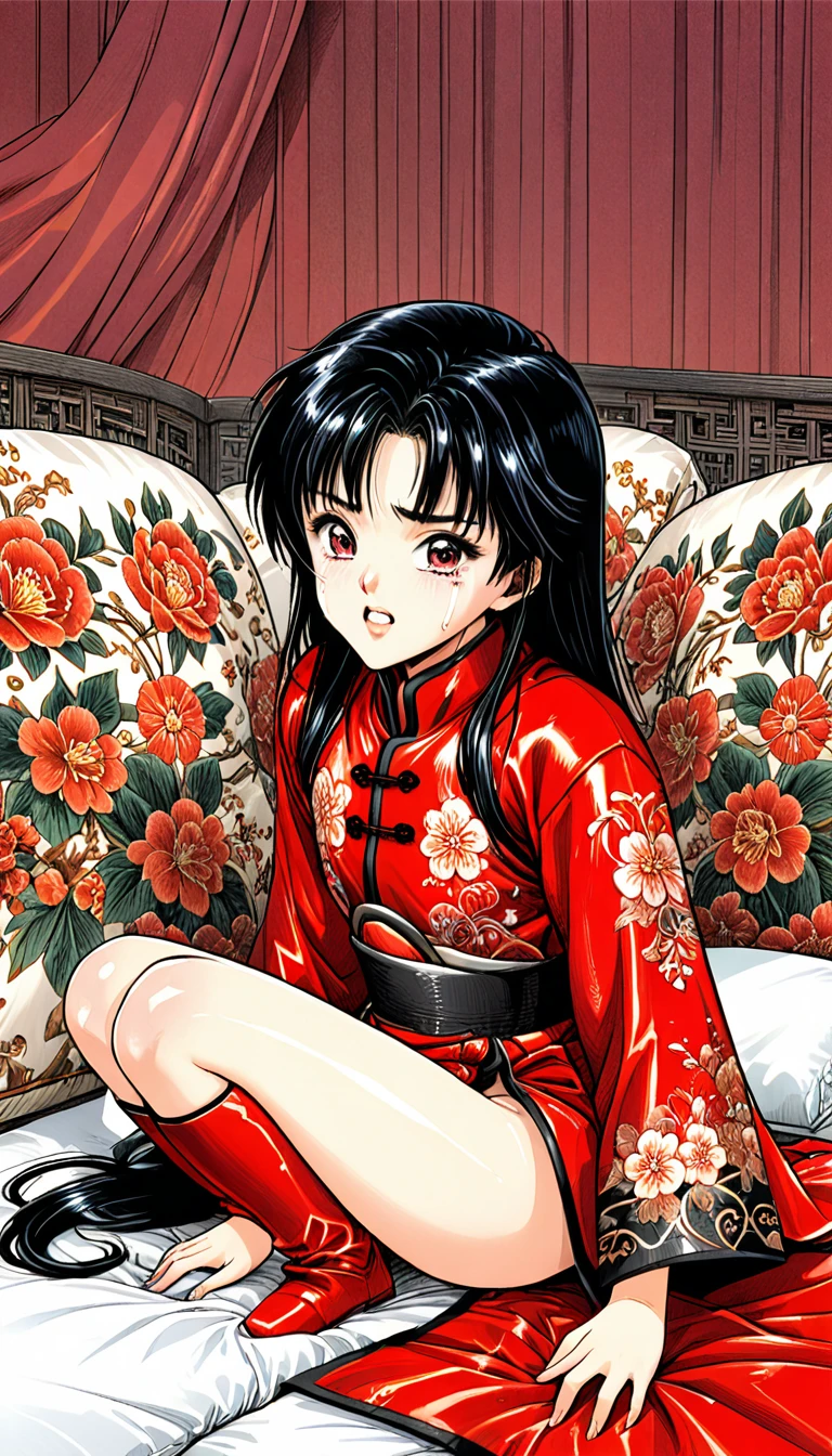 8k Tragic historical drama in live-action style: Beautiful palace secrets　Beautiful Chinese  kung fu girl with long black hair gets fucked by demon king　Gorgeous embroidery, Ultra glossy, She is wearing a shiny red long-sleeved floral kung fu suit....　　She cries loudly and is made to lie on a floral futon and has a penis inserted into her　She spreads her legs wide