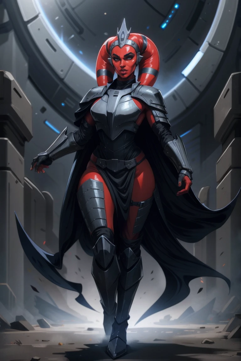 Brutal Red Skin Twi'lek with huge breasts wearing futuristic ((sleek (black) armor, black armor)) robes, cowl, crown, helmet, cape, huge breasts, slim hips, small waist, full-body shot