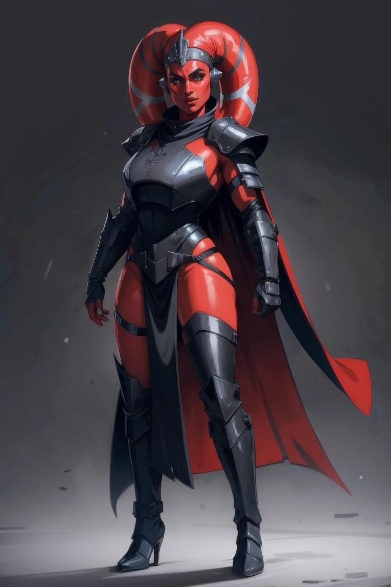 Brutal Red Skin Twi'lek with huge breasts wearing futuristic ((sleek (black) armor, black armor)) robes, cowl, crown, helmet, cape, huge breasts, slim hips, small waist, full-body shot