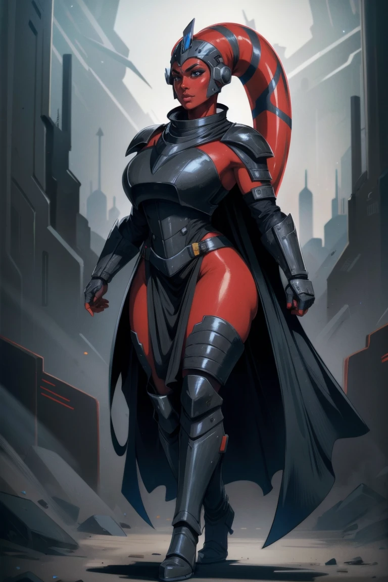 Brutal Red Skin Twi'lek with huge breasts wearing futuristic ((sleek (black) armor, black armor)) robes, cowl, crown, helmet, cape, huge breasts, slim hips, small waist, full-body shot