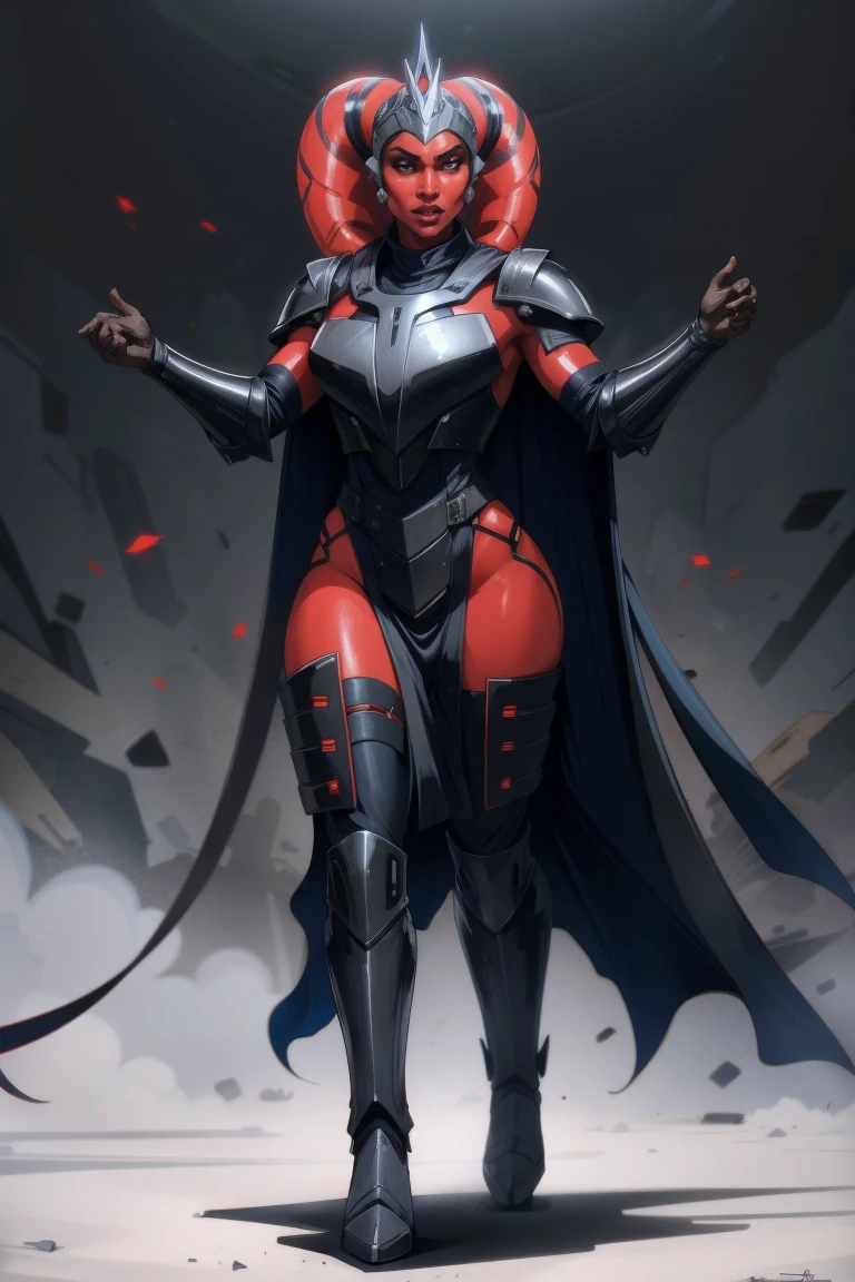 Brutal Red Skin Twi'lek with huge breasts wearing futuristic ((sleek (black) armor, black armor)) robes, cowl, crown, helmet, cape, huge breasts, slim hips, small waist, full-body shot