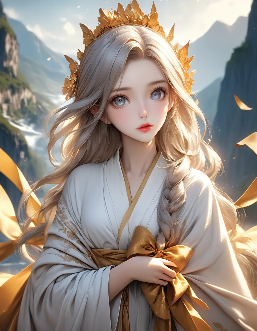 A beautiful half-elf girl, from a noble family, wearing a soft robe, holding a golden bow, (best quality,4k,8k,highres,masterpiece:1.2),ultra-detailed,(realistic,photorealistic,photo-realistic:1.37),extremely detailed eyes and face, beautiful detailed lips, long eyelashes, elegant noble posture, natural lighting, warm color tone, fantasy landscape background, intricate details, cinematic composition, dramatic lighting