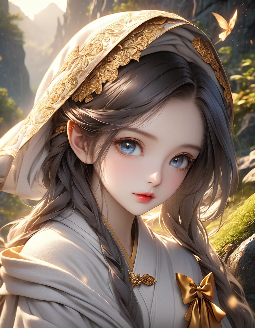 A beautiful half-elf girl, from a noble family, wearing a soft robe, holding a golden bow, (best quality,4k,8k,highres,masterpiece:1.2),ultra-detailed,(realistic,photorealistic,photo-realistic:1.37),extremely detailed eyes and face, beautiful detailed lips, long eyelashes, elegant noble posture, natural lighting, warm color tone, fantasy landscape background, intricate details, cinematic composition, dramatic lighting