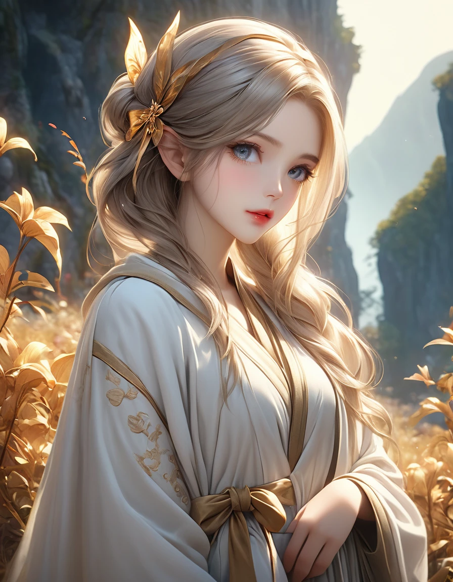 A beautiful half-elf girl, from a noble family, wearing a soft robe, holding a golden bow, (best quality,4k,8k,highres,masterpiece:1.2),ultra-detailed,(realistic,photorealistic,photo-realistic:1.37),extremely detailed eyes and face, beautiful detailed lips, long eyelashes, elegant noble posture, natural lighting, warm color tone, fantasy landscape background, intricate details, cinematic composition, dramatic lighting