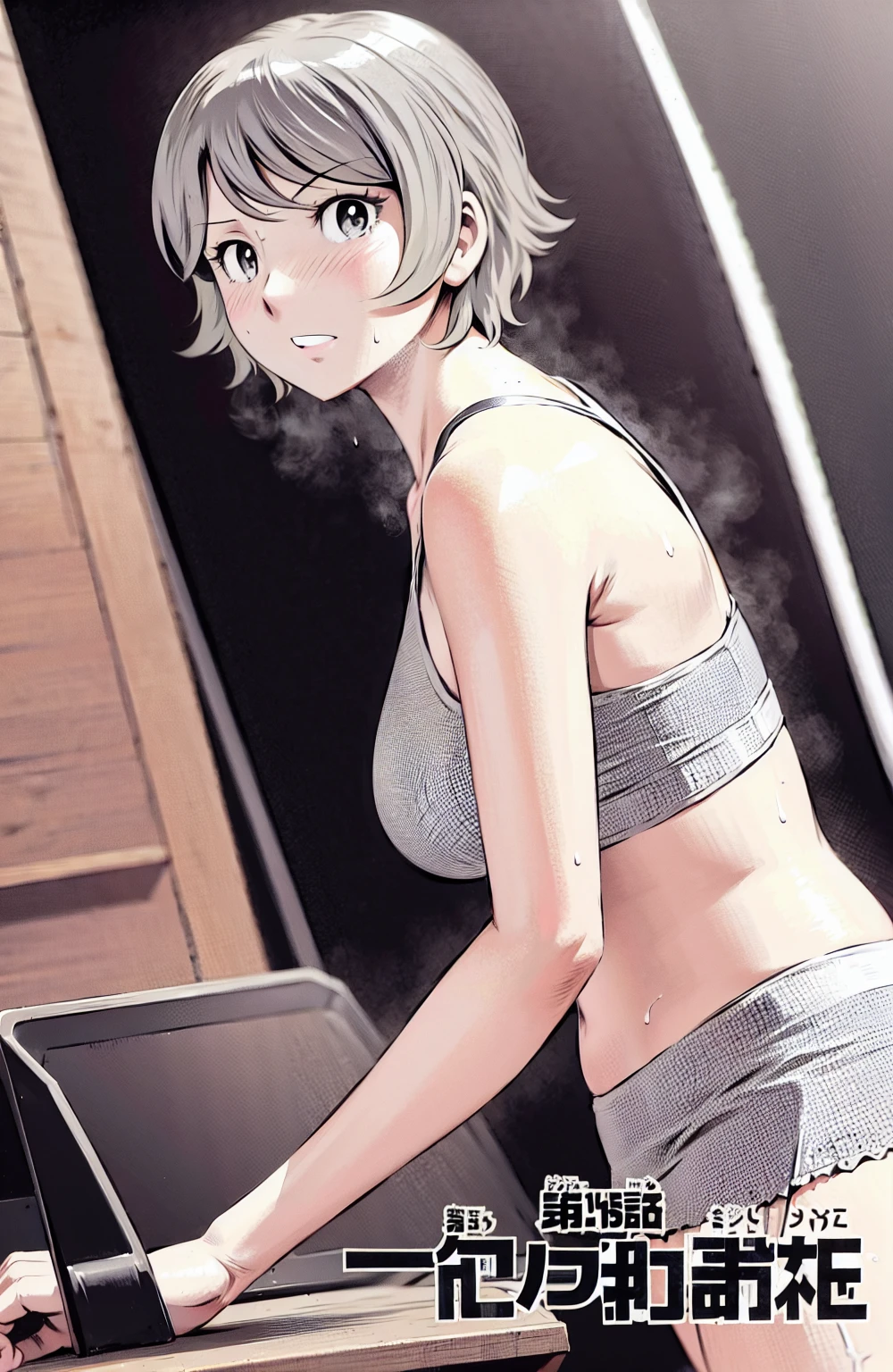Grey sports bra、Gray Panty Star Piece、Highest quality)、Highest quality, Ultra-high resolution, (((masterpiece))), alone, Sweat、Big eyes, Please show me your armpits, Composition from the front、（Close-up of a person）、(Manga Style:1.1)、Shortcuts、Embarrassed face、Bronze colored hair、Cut the back hair short、