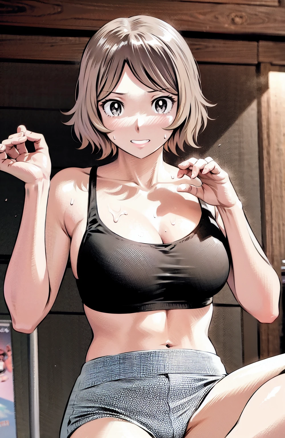 Grey sports bra、Gray Panty Star Piece、Highest quality)、Highest quality, Ultra-high resolution, (((masterpiece))), alone, Sweat、Big eyes, Please show me your armpits, Composition from the front、(Close-up of a person)、(Manga Style:1.1)、Shortcuts、Embarrassed face、Bronze colored hair、Cut the back hair short、