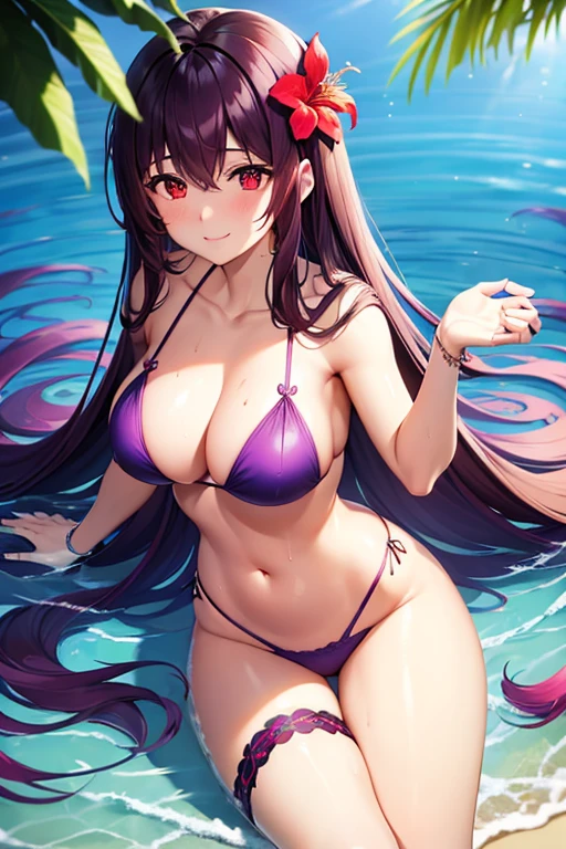 Illustration 4K, Shadowy, Long Hair, Purple Hair, (Red eyes:1.5), Bare shoulders, bikini, bracelet, Bridal Garter, Cleavage, clavicle, flower, hair flower, hair ornaments, hibiscus, jewelry, belly button, purple bikini, salon, Swimwear, Thighs, On the sunny beach, (White skin), (sweating) ,(Beautiful views),(Perfect Face), masterpiece, blush, One girl, alone,  whole body, Mature Woman, Beautifully drawn eyes, Perfect Eyes, Perfect lighting, Water Play, smile, smile