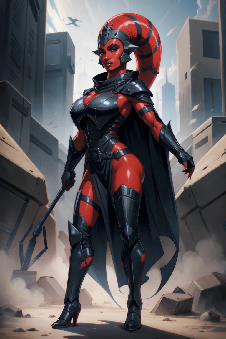 Brutal Red Skin Twi'lek with huge breasts wearing futuristic ((sleek (black) armor, black armor)) robes, cowl, crown, helmet, cape, huge jugs, slim hips, small waist, full-body shot