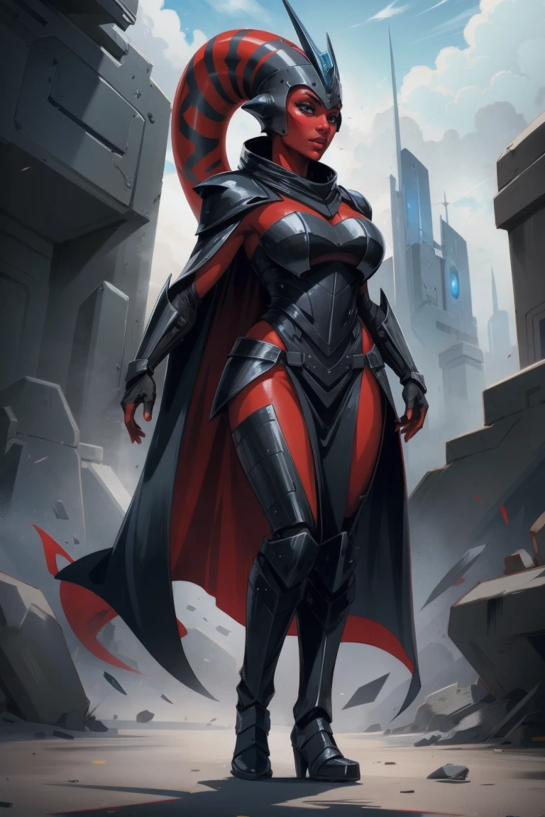 Brutal Red Skin Twi'lek with huge breasts wearing futuristic ((sleek (black) armor, black armor)) robes, cowl, crown, helmet, cape, huge jugs, slim hips, small waist, full-body shot