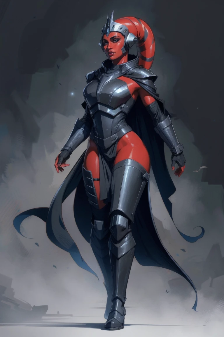 Brutal Red Skin Twi'lek with huge breasts wearing futuristic ((sleek (black) armor, black armor)) robes, cowl, crown, helmet, cape, huge jugs, slim hips, small waist, full-body shot