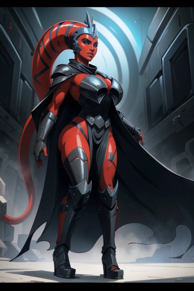 Brutal Red Skin Twi'lek with huge breasts wearing futuristic ((sleek (black) armor, black armor)) robes, cowl, crown, helmet, cape, huge jugs, slim hips, small waist, full-body shot