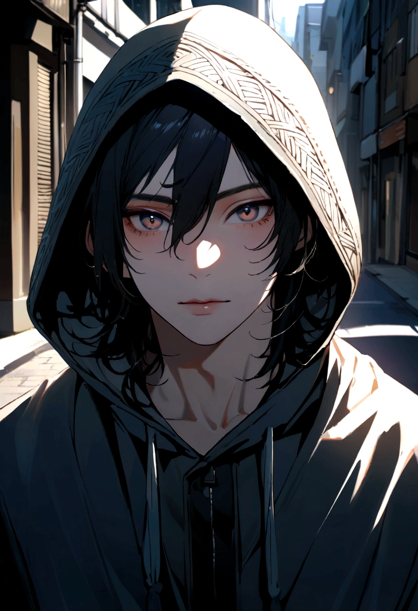 yuji1 a man, hooded cloak, gazing at viewer, upper body photo, in the streets,