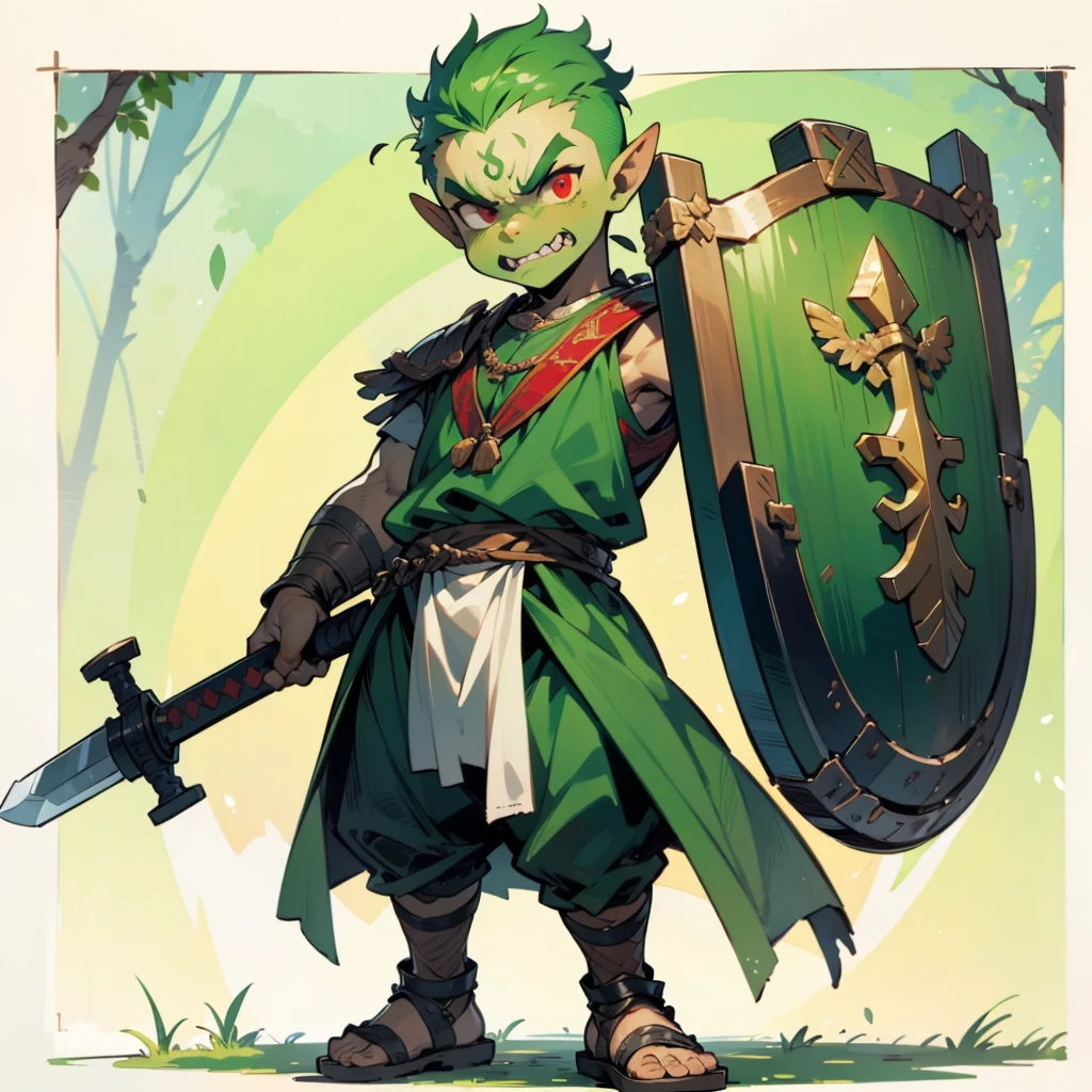 1**********s orc, orc version, Full body version, red eyes, green colour skins, angry eyes, bald hairstyle, angry expression, ancient Greek clothing, ancient Greek sandals, wood sword in hand, small shield wood, wood armor vest, Grassroots background in forest 