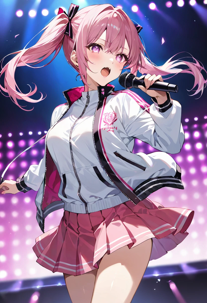 masterpiece, best quality, ultra detailed, sparkling eyes, The image depicts a dynamic and vibrant anime-style character, seemingly in the middle of a live performance. The character is a young woman with pink hair styled into twin tails that are tied with black ribbons. She is holding a microphone in her right hand and appears to be singing passionately on stage. Her attire consists of a casual yet stylish outfit: a black and white zip-up jacket with a high collar and a pink bow emblem on the left side. Underneath the jacket, she is wearing a white t-shirt. Her lower attire includes a short, pleated pink skirt. The jacket's sleeves have white stripes running down the arms, adding a sporty touch to her look. The setting suggests a concert or live event, with the character illuminated by stage lights that cast a pinkish hue, enhancing the energetic atmosphere. The background is slightly blurred, emphasizing the character in the foreground. The crowd can be seen vaguely in the background, focusing on her performance. Her expression is intense and focused, with her mouth open wide as she sings. Her eyes are large and expressive, typical of anime characters, with a determined and passionate gaze. The overall image conveys a sense of excitement and enthusiasm, capturing a high-energy moment in a musical performance
