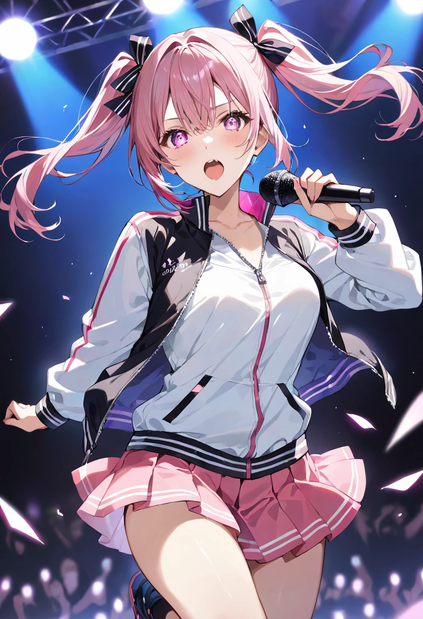 masterpiece, best quality, ultra detailed, sparkling eyes, The image depicts a dynamic and vibrant anime-style character, seemingly in the middle of a live performance. The character is a young woman with pink hair styled into twin tails that are tied with black ribbons. She is holding a microphone in her right hand and appears to be singing passionately on stage. Her attire consists of a casual yet stylish outfit: a black and white zip-up jacket with a high collar and a pink bow emblem on the left side. Underneath the jacket, she is wearing a white t-shirt. Her lower attire includes a short, pleated pink skirt. The jacket's sleeves have white stripes running down the arms, adding a sporty touch to her look. The setting suggests a concert or live event, with the character illuminated by stage lights that cast a pinkish hue, enhancing the energetic atmosphere. The background is slightly blurred, emphasizing the character in the foreground. The crowd can be seen vaguely in the background, focusing on her performance. Her expression is intense and focused, with her mouth open wide as she sings. Her eyes are large and expressive, typical of anime characters, with a determined and passionate gaze. The overall image conveys a sense of excitement and enthusiasm, capturing a high-energy moment in a musical performance