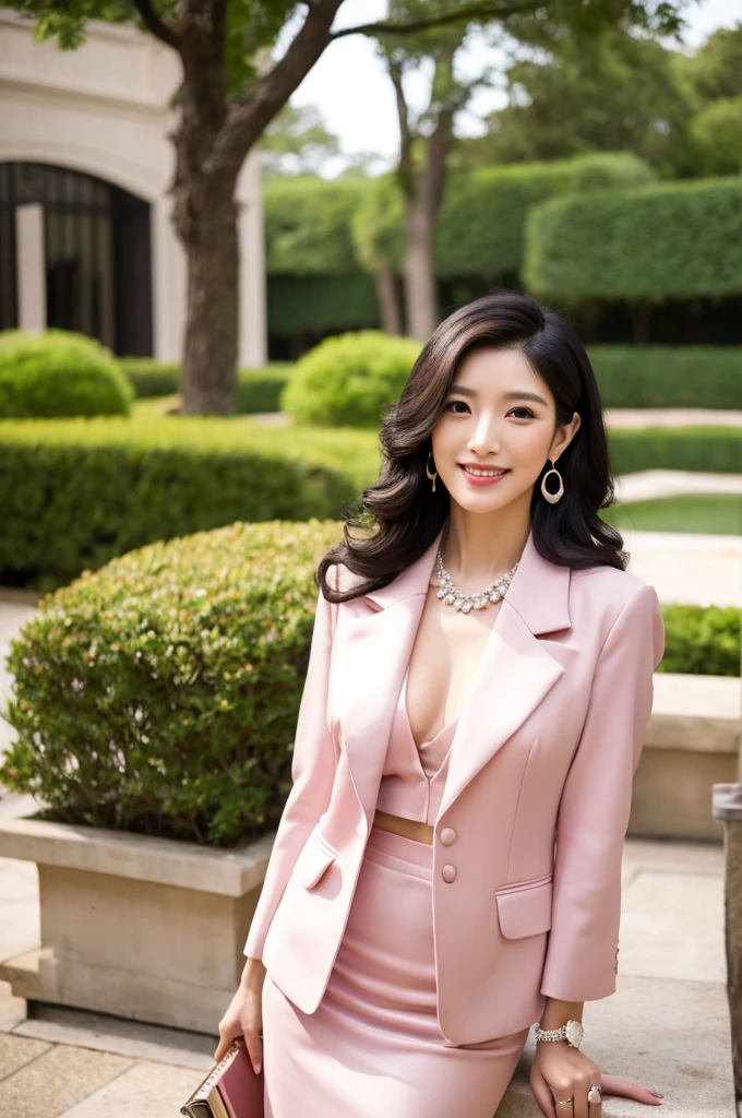 Wedding venue garden,President of import goods sales company,((full body)),((photo)),((best qualtiy, 8K, tmasterpiece:1.3)), Focus:1.2, perfect figure beautiful woman:1.4,1woman,cowboy shot,look at viewer,incredibly absurd, beautiful and cute woman with a photorealistic face, showcasing top-quality craftsmanship, A Japanese woman attending her sister's wedding at a wedding venue, 35 years old, long hair, straight black hair, shiny, silky hair that curls inwards, narrow double eyelids, long eyelashes, pronounced eyebrows, high nose, thin lips, white teeth, bright smile, smooth, honey-colored skin, thin neck, tall, glamorous, slender, F-cup breasts, pale pink suit, knee-length pencil skirt, high heels, diamond earrings and necklace, luxury brand watch, clutch bag, cigar, beautiful, lady-like, pretty older sister, celebrity-like, adult woman, intelligent, calm, kind, playful, sharp-tongued, soothing to those around, refined, elegant, June