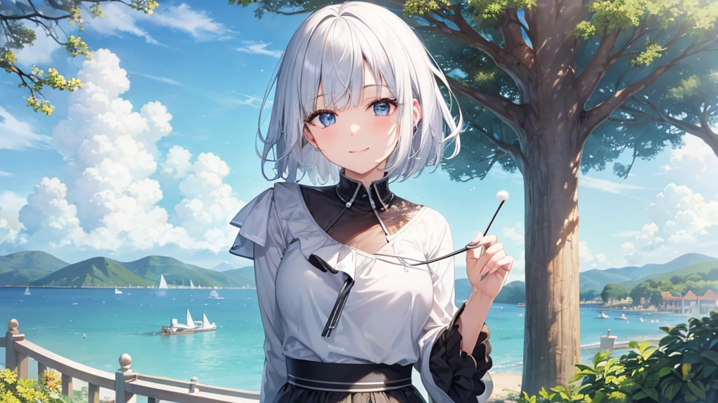 Ultra HD,Look at the viewers, Put your hands behind your back, With a girl, 20-year-old, 非常にShort Hair, Long bangs between the eyes, Pale blue eyes, hoodie, skirt , Very detailed,(masterpiece、Highest quality),Gray Hair、Laughter、Fantastic, Silver Hair, Iris, Short hair、 Fluttering Hair、Small Face、明るいsmile、(Detailed face) ,Professional Lighting,Wonderful landscape,blue sky, sunlight,Looking down from above,Portraiture、Open your mouth、Flower Field、Her eyes were shining、Mysterious and enchanting atmosphere。With AI Painting、とてもShort Hair, Long bangs between the eyes, Very detailed,(masterpiece、Highest quality)、alone、Gray Hair、Fantasy, Silver Hair, Fantasyな風景、White shirt、smile、Open your mouth、short hair、Short Hair、hairpin、black eye、Grey Eyes、Beautiful Eyes、