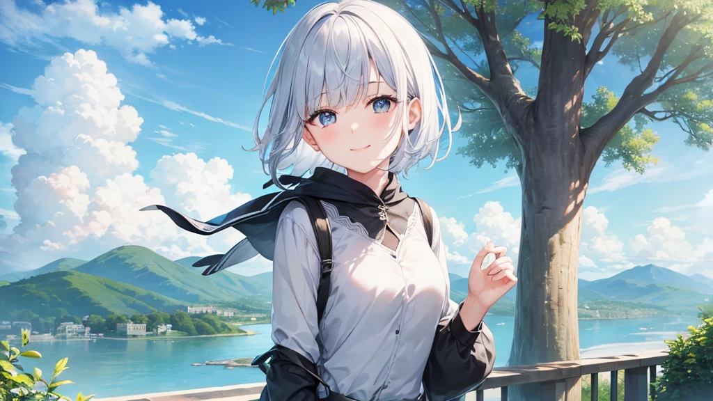 Ultra HD,Look at the viewers, Put your hands behind your back, With a girl, 20-year-old, 非常にShort Hair, Long bangs between the eyes, Pale blue eyes, hoodie, skirt , Very detailed,(masterpiece、Highest quality),Gray Hair、Laughter、Fantastic, Silver Hair, Iris, Short hair、 Fluttering Hair、Small Face、明るいsmile、(Detailed face) ,Professional Lighting,Wonderful landscape,blue sky, sunlight,Looking down from above,Portraiture、Open your mouth、Flower Field、Her eyes were shining、Mysterious and enchanting atmosphere。With AI Painting、とてもShort Hair, Long bangs between the eyes, Very detailed,(masterpiece、Highest quality)、alone、Gray Hair、Fantasy, Silver Hair, Fantasyな風景、White shirt、smile、Open your mouth、short hair、Short Hair、hairpin、black eye、Grey Eyes、Beautiful Eyes、