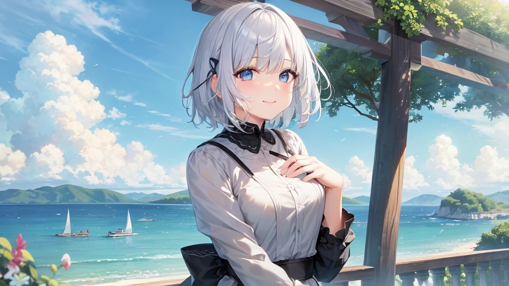 Ultra HD,Look at the viewers, Put your hands behind your back, With a girl, 20-year-old, 非常にShort Hair, Long bangs between the eyes, Pale blue eyes, hoodie, skirt , Very detailed,(masterpiece、Highest quality),Gray Hair、Laughter、Fantastic, Silver Hair, Iris, Short hair、 Fluttering Hair、Small Face、明るいsmile、(Detailed face) ,Professional Lighting,Wonderful landscape,blue sky, sunlight,Looking down from above,Portraiture、Open your mouth、Flower Field、Her eyes were shining、Mysterious and enchanting atmosphere。With AI Painting、とてもShort Hair, Long bangs between the eyes, Very detailed,(masterpiece、Highest quality)、alone、Gray Hair、Fantasy, Silver Hair, Fantasyな風景、White shirt、smile、Open your mouth、short hair、Short Hair、hairpin、black eye、Grey Eyes、Beautiful Eyes、