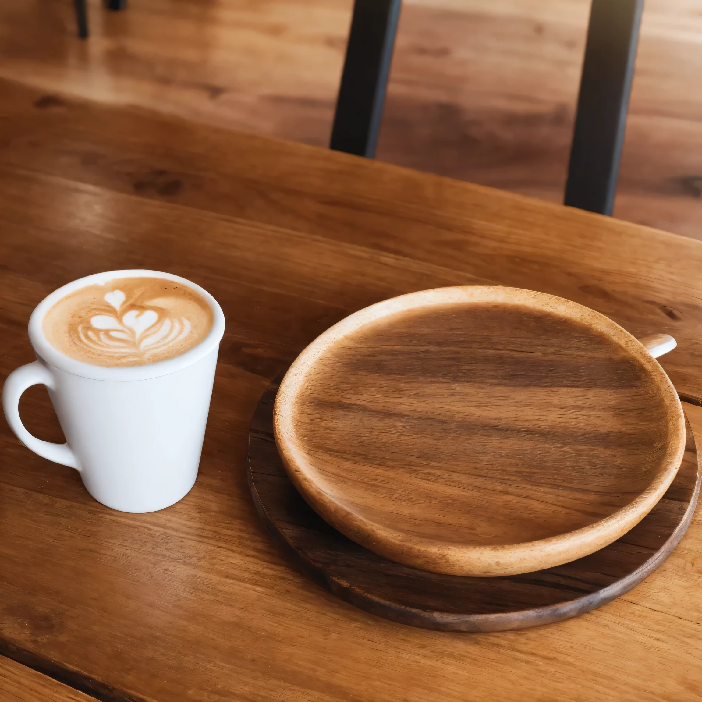 A coffee cup is placed on a wooden plate on a table