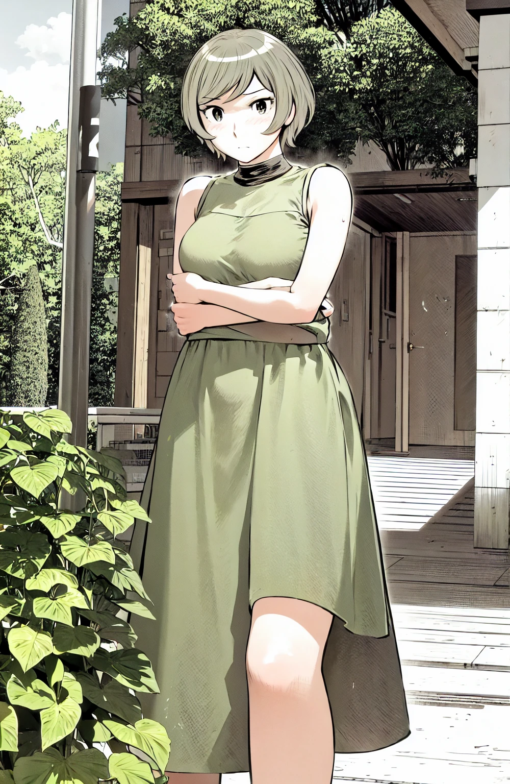 、(masterpiece、Highest quality)、Highest quality, Ultra-high resolution, (((masterpiece))), alone, Sweat、Big eyes, Sleeveless、Outdoor、Floral Dress、Composition from the front、(後ろCut your hair short、short hair、blonde、woman)、Shortcuts、Embarrassed face、Cut your hair short、可愛いwomanの子、Big Breasts