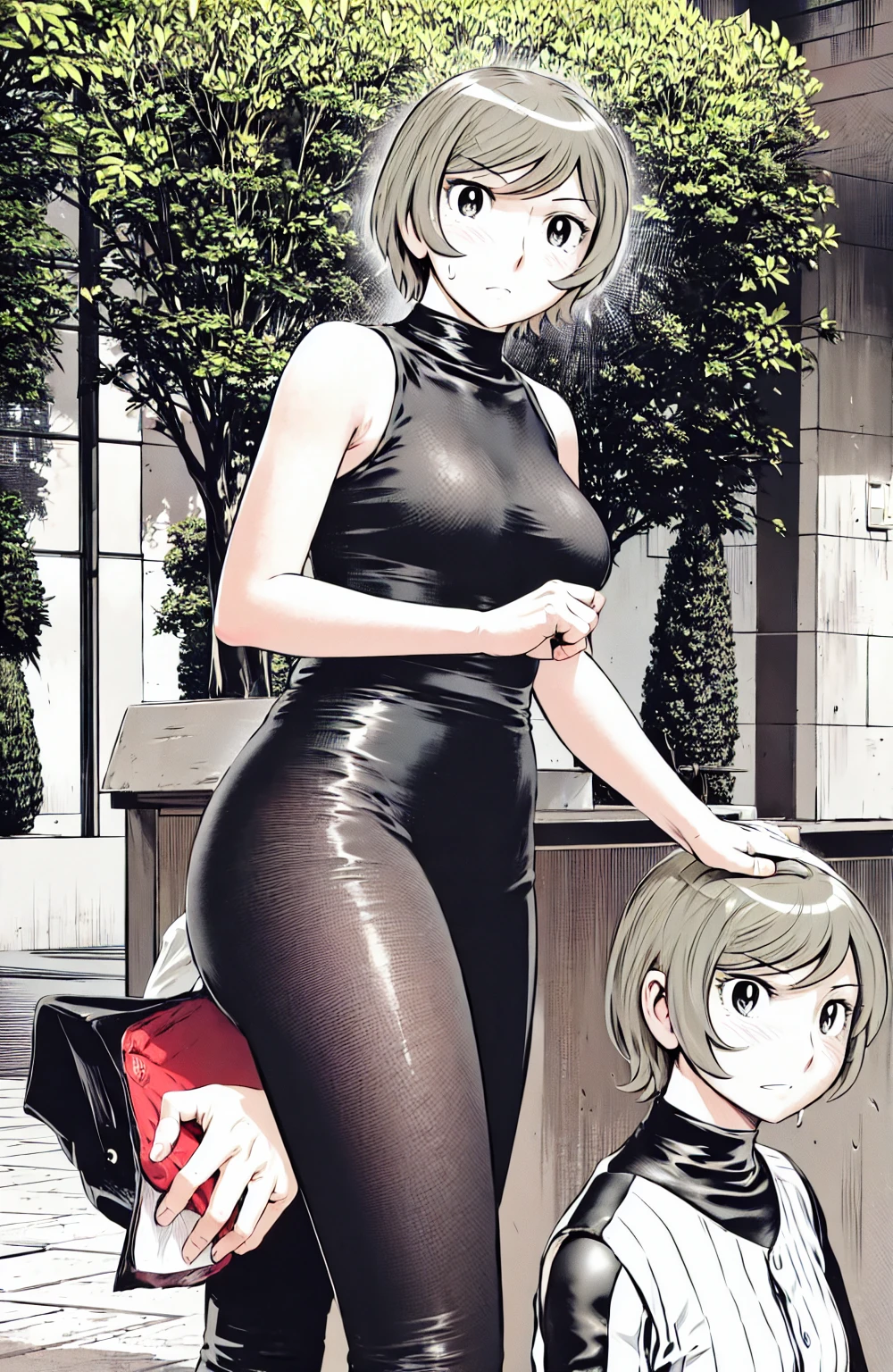 、(masterpiece、Highest quality)、Highest quality, Ultra-high resolution, (((masterpiece))), alone, Sweat、Big eyes, Sleeveless、Outdoor、Floral Dress、Composition from the front、(後ろCut your hair short、short hair、blonde、woman)、Shortcuts、Embarrassed face、Cut your hair short、可愛いwomanの子、Big Breasts