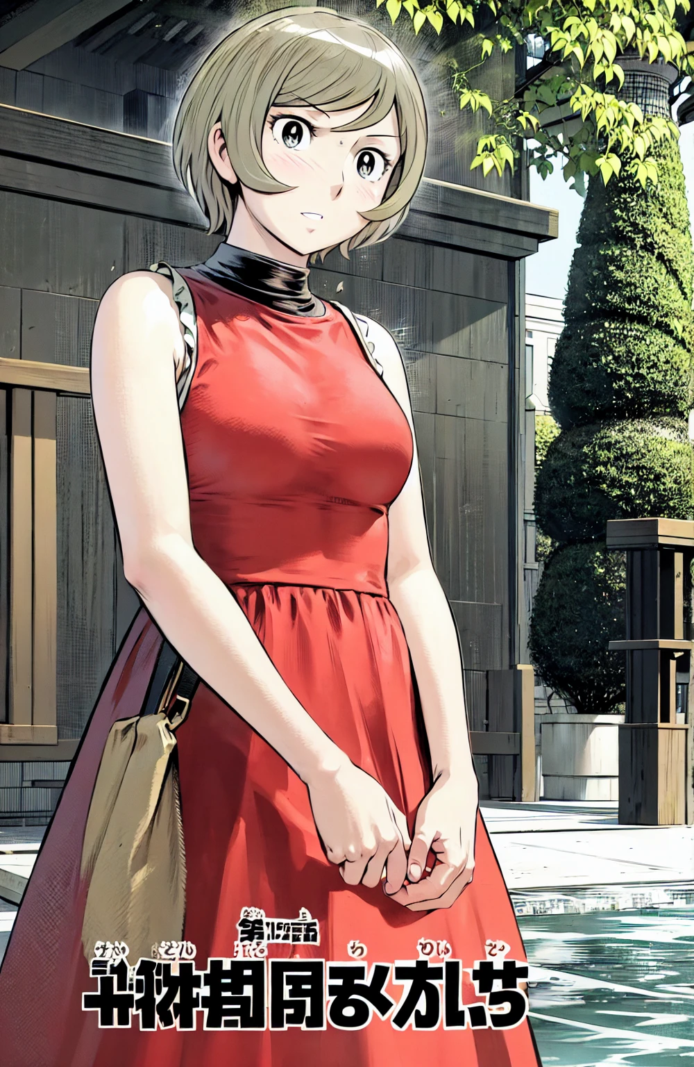 、(masterpiece、Highest quality)、Highest quality, Ultra-high resolution, (((masterpiece))), alone, Sweat、Big eyes, Sleeveless、Outdoor、Floral Dress、Composition from the front、(後ろCut your hair short、short hair、blonde、woman)、Shortcuts、Embarrassed face、Cut your hair short、可愛いwomanの子、Big Breasts