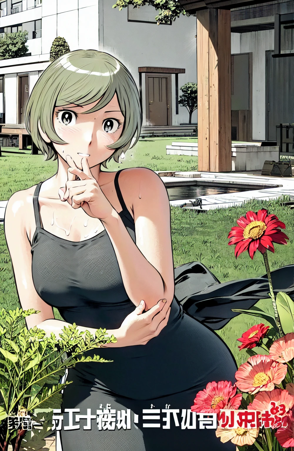 、(masterpiece、Highest quality)、Highest quality, Ultra-high resolution, (((masterpiece))), alone, Sweat、Big eyes,  Sleeveless、Outdoor、Floral Dress、Composition from the front、（後ろCut your hair short、short hair、blonde、woman）、Shortcuts、Embarrassed face、Cut your hair short、可愛いwomanの子、Big Breasts