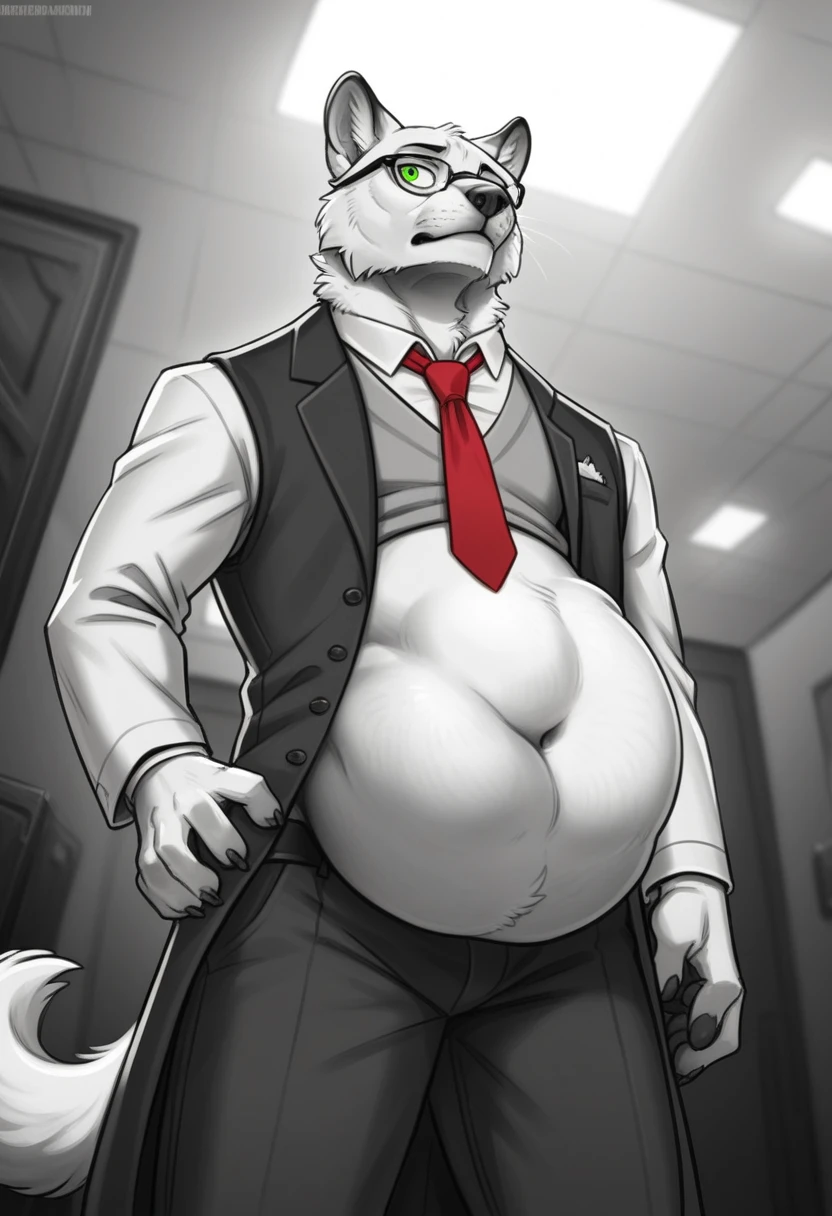 mordecai heller, solo, green sclera, walking in an alleyway, night time, detailed paw hands, ((detailed face, (detailed eyes), by zackarry911, by zaush, (by personalami:0.5), solo, looking away from the viewer, 1boy, male focus, red necktie, glasses, coat, hand on hip, hand holding phone on a call, formal, from below, glasses, suit, grey suit vest, necktie, ((flatcolor)), vore, large vore stomach, person inside of the vore stomach is struggling, black and white fur, white fluffy belly, gurgling belly effect, perfect proportions 