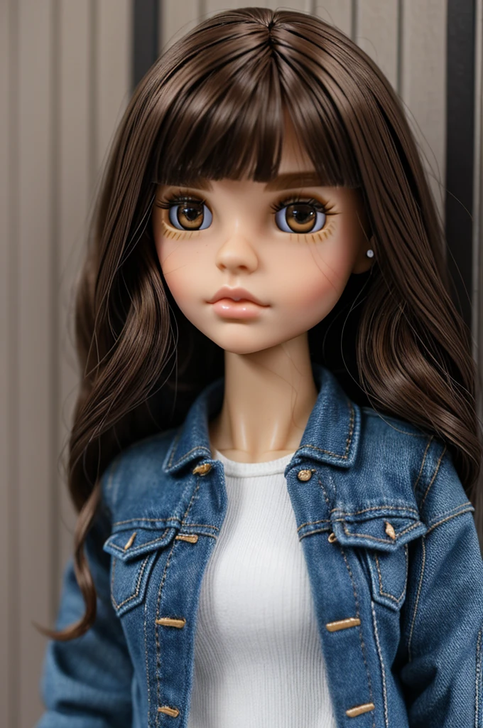 blythe doll whit brown hair, dark eyes, long haircut, long eyelashes, normal size lips, wearing a jean jacket and a white top