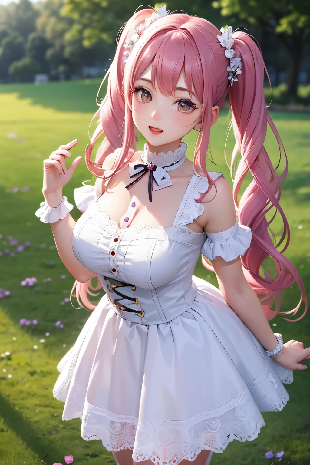 masterpiece, best quality, highly detailed, high resolution, expensive resolution, high resolution, 4K, 8k, Unity 8k wallpaper, highly detailed CG, masterpiece, 2D, 3D, beautiful details, depth, fine texture, best quality: 1.3, perfect focus, crisp skin, him, very cute, 20s girl, him, idol, princess dress, short skirt, outdoor concert, short pigtails, mole under eye, look at the viewer, expensive, blush, mole, open lips, heart, pink eyes, choker