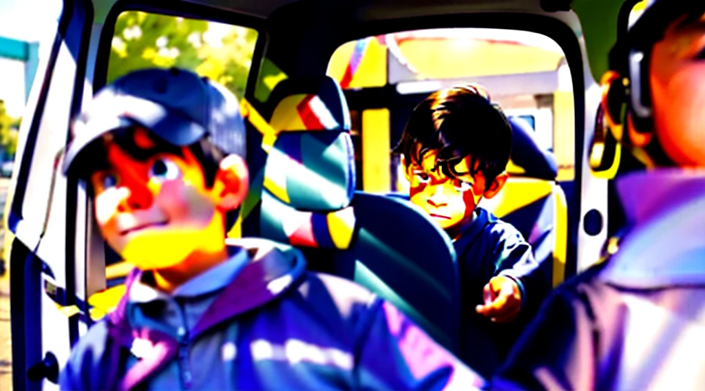 cinematic,Aerial view,Full Length Shot(FLS),Dramatic light,Photorealistic representation of a 7-year-old boy with straight dark brown hair and bangs covering his forehead, featuring large, expressive dark brown eyes full of tears. Her round face and slightly rosy cheeks contribute to her innocent appearance. The boy is partially dressed in a navy blue , consisting of a long-sleeved shirt and matching pants.
The scene takes place in front of a school in the mid-90s. The boy is standing next to a white school van (Kombi), with an angry and mocking driver shouting at him. The driver, with a cruel expression, provokes the boy, who looks desperate and about to cry. Other children, encouraged by the driver, also laugh and point at the boy, increasing his anguish.
The atmosphere is tense and melancholy, reflecting the deep drama and bullying that many autistic children suffered during that period. Capture the hopelessness and pain in the boy's eyes as he feels helpless and tries to find a way to be “normal” like his peers. This scene must meticulously portray the emotional turmoil and harsh reality of bullying, highlighting the driver's cruel laughter and the boy's teary eyes, conveying a powerful and moving narrative. --q 2 --s 750 --v 6.0 --ar 16:9