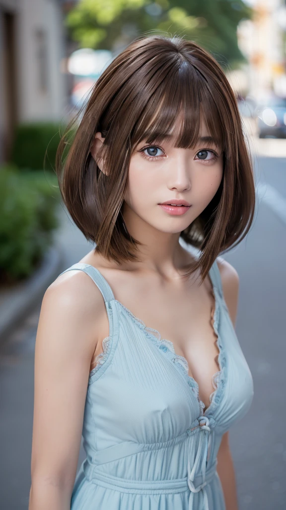 Highest quality, Realistic, 8K, High resolution, 1 Girl, woman, (Skin Dentition), (Portraiture: 0.6), nice, ((Big round breasts、Straight Watching Viewers: 1.8, (1 Girl Eyes, Medium length hair, Brown Hair, Parted bangs : 1.65), Realistic, (Bokeh), nice, whole body、きれいなwoman、Single、City、outside、street、Light blue dress、slim、whole body、front、Eyes open