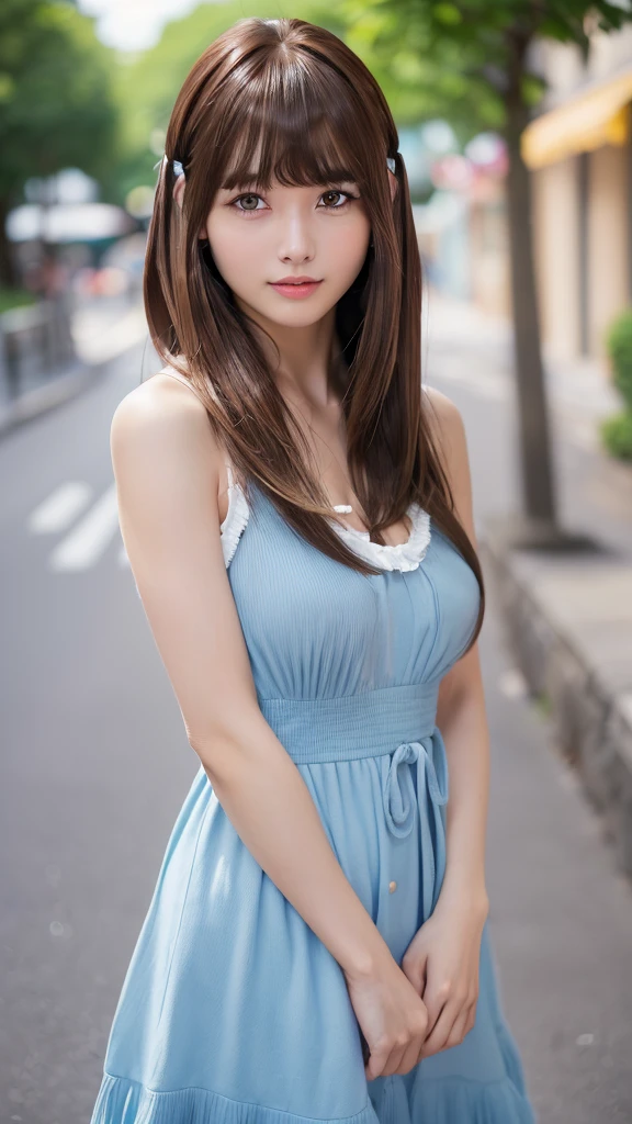 Highest quality, Realistic, 8K, High resolution, 1 Girl, woman, (Skin Dentition), (Portraiture: 0.6), nice, ((Big round breasts、Straight Watching Viewers: 1.8, (1 Girl Eyes, Medium length hair, Brown Hair, Parted bangs : 1.65), Realistic, (Bokeh), nice, whole body、きれいなwoman、Single、City、outside、street、Light blue dress、slim、whole body、front、Eyes open