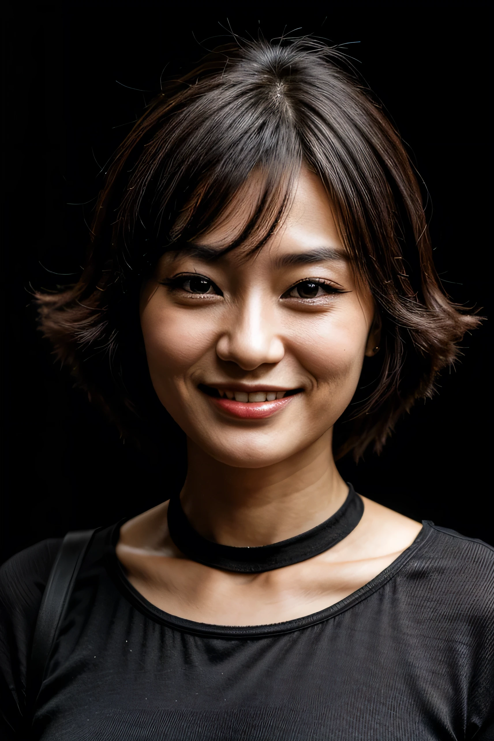 face perfect, beautiful face of a 30 year old Japanese woman, Smiling beautiful, with black background