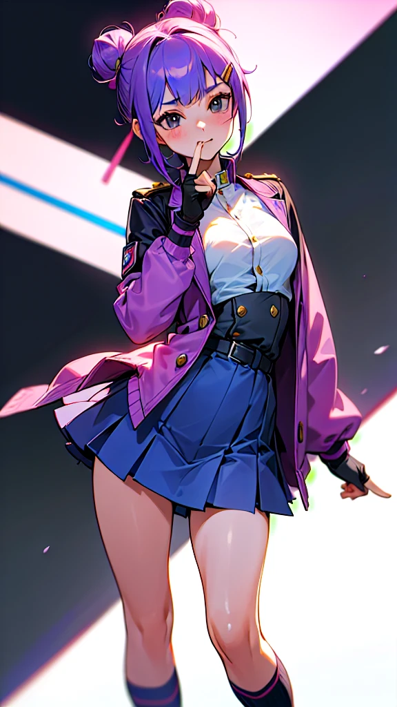 Top Quality, 8K, 4K, High Definition, Detail, (better-quality, 8K, 12), top-quality, 1 girl、purple short bob hair clip tied into a bun、black eyes、small breasts、uniform、gray jacket with pink line、blue skirt、 fingerless gloves、thighs、Ilcha fousing on her, surprise face, having her handon her face, making cute expressing face. picture pose, she is standing up, she has a loil pop in her mouth, she up close only showing her wraist and up.