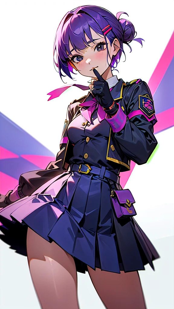 Top Quality, 8K, 4K, High Definition, Detail, (better-quality, 8K, 12), top-quality, 1 girl、purple short bob hair clip tied into a bun、black eyes、small breasts、uniform、gray jacket with pink line、blue skirt、 fingerless gloves、thighs、Ilcha fousing on her, surprise face, having her handon her face, making cute expressing face. picture pose, she is standing up, she has a loil pop in her mouth, she up close only showing her wraist and up.