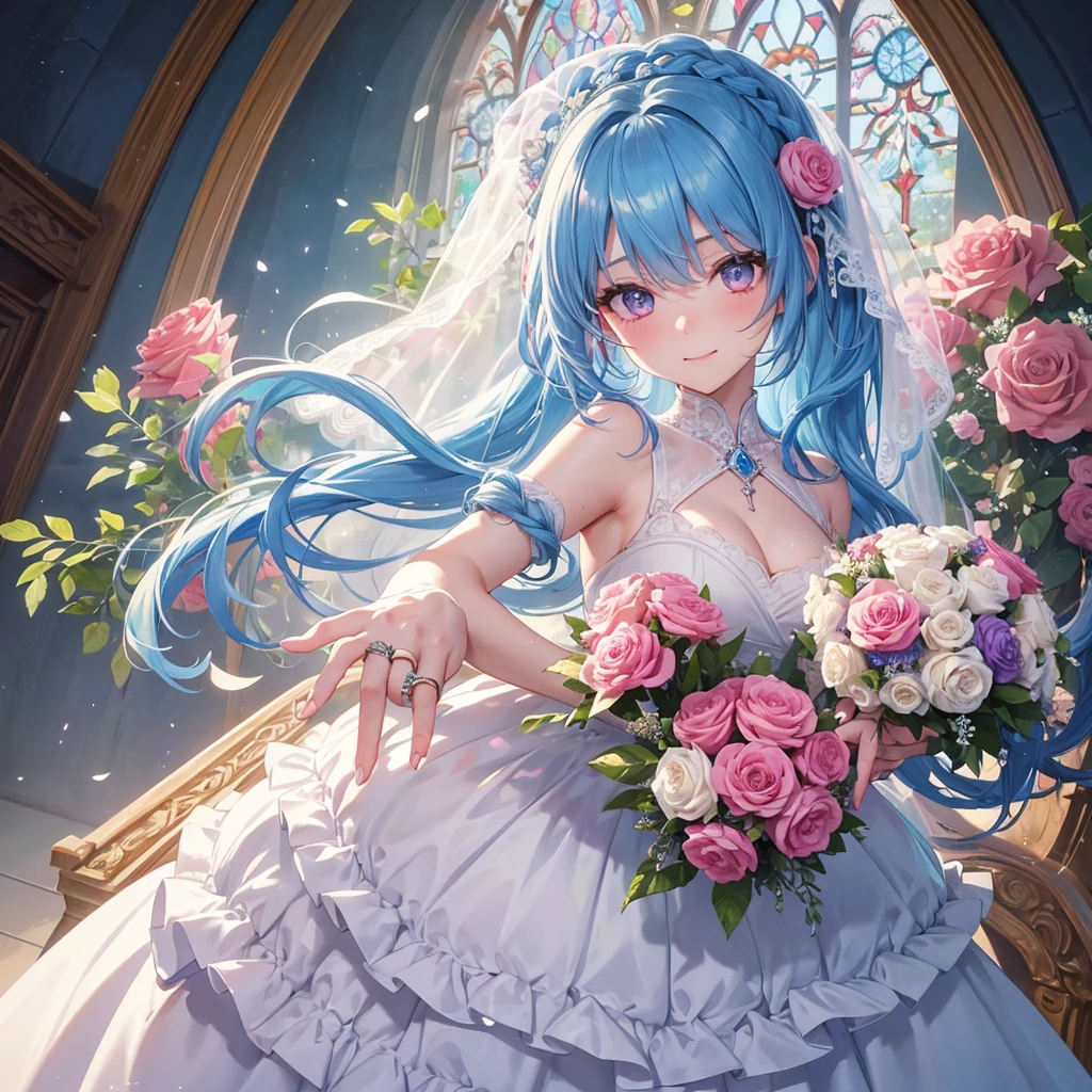 Sky blue hair, (Braided Ponytail),(Pink Eyes),Fair skin ,(whole body),(One girl),bride,A big smile,Straight bangs, 6月のbride,Wedding dress,(masterpiece, Highest quality, Very detailed, Best Shadow), (Detailed Background), (Beautifully detailed face), High Contrast, (Best lighting, Very delicate and beautiful), ((Cinematic Light)), colorful, Hyper Detail, Dramatic Light, Intricate details,Chapel background,A bouquet of roses in the right hand,Ring on left ring finger,