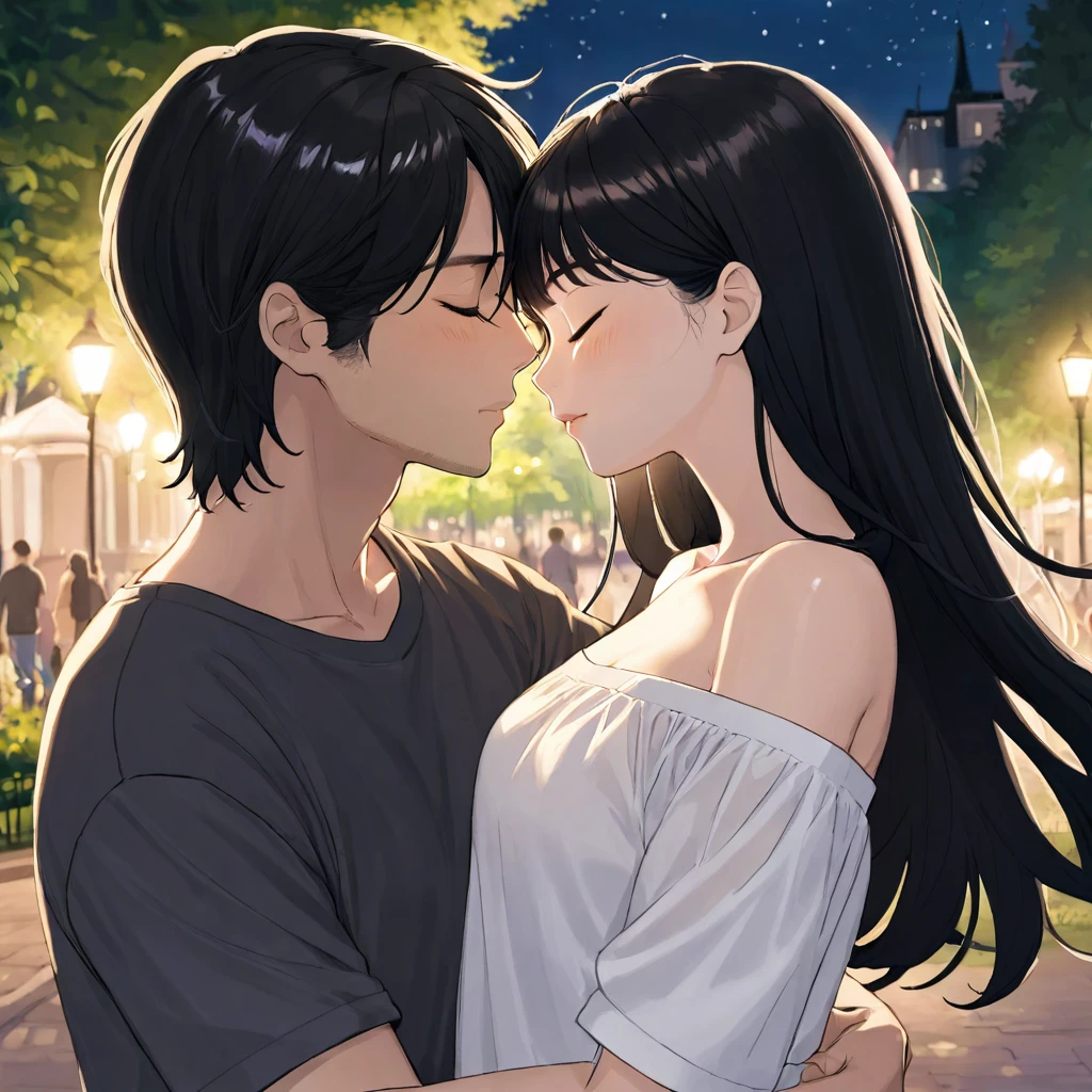Couple kissing in the park at night、The woman has straight black hair, her eyes closed, and is wearing a white off-the-shoulder blouse.、The man has his eyes closed and is wearing a black T-shirt