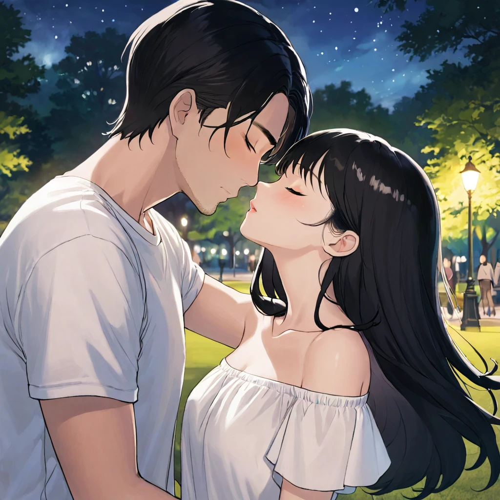 Couple kissing in the park at night、The woman has straight black hair, her eyes closed, and is wearing a white off-the-shoulder blouse.、The man has his eyes closed and is wearing a black T-shirt