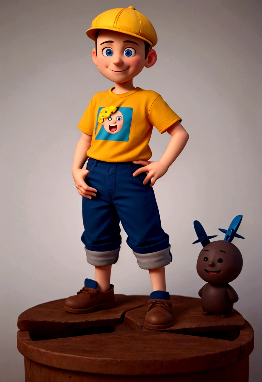 The image features a realistic boy against a dark background. The character has no hair, derp blue eyes, he must be wearing a yellow t-shirt, make him have his hands on his hips, he must be wearing a Propeller Hat on his head, the character is a boy. The character's pose is friendly and welcoming, make him smile and be happy, make him realistic