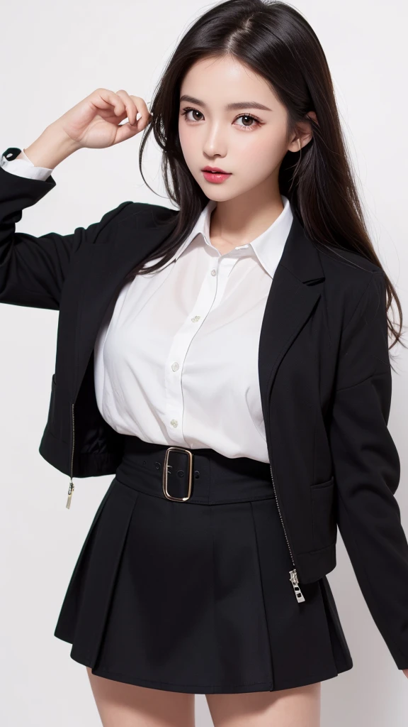 (((forehead、Northern Europe、White people、beautiful girl、Black Hair、White background、high school girl、Dress shirt、mini skirt、Jacket)))、table top, highest quality, figure, super detailed, finely, High resolution, 8k wallpaper, Perfect dynamic composition, detailed and beautiful eyes, Deco out,bionde, breasts, Natural color lip,white background, random cute poses,