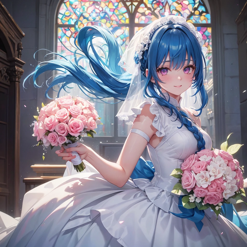 Sky blue hair, (Braided Ponytail),(Pink Eyes),Fair skin ,(whole body),(One girl),bride,A big smile,Straight bangs, 6月のbride,Wedding dress,(masterpiece, Highest quality, Very detailed, Best Shadow), (Detailed Background), (Beautifully detailed face), High Contrast, (Best lighting, Very delicate and beautiful), ((Cinematic Light)), colorful, Hyper Detail, Dramatic Light, Intricate details,Chapel background,A bouquet of roses in the right hand,Ring on left ring finger,
