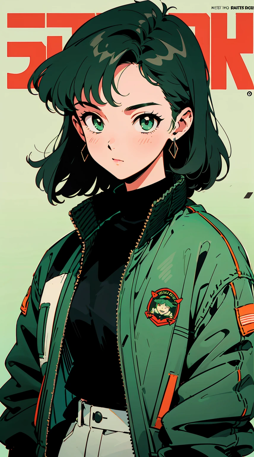 (masterpiece: 1.2, best quality), (1 lady, solo, upper body: 1.2),Detailed face, Black and white,, a girl in a black jacket and green Cargo pants standing, wearing Cargo pants, a green colored bomber jacket, Cargo pants , wearing dark green bomber jacket, black bomber jacket, black rugged clothing, cropped shirt with jacket, black pants, wearing a turtleneck and jacket, a girl wearing a black jacket, bomber jacket, black and green, white and black color scheme ((modern clothes)) Looking at the viewer, looking at the camera,,Magazine cover,a close up of a poster 