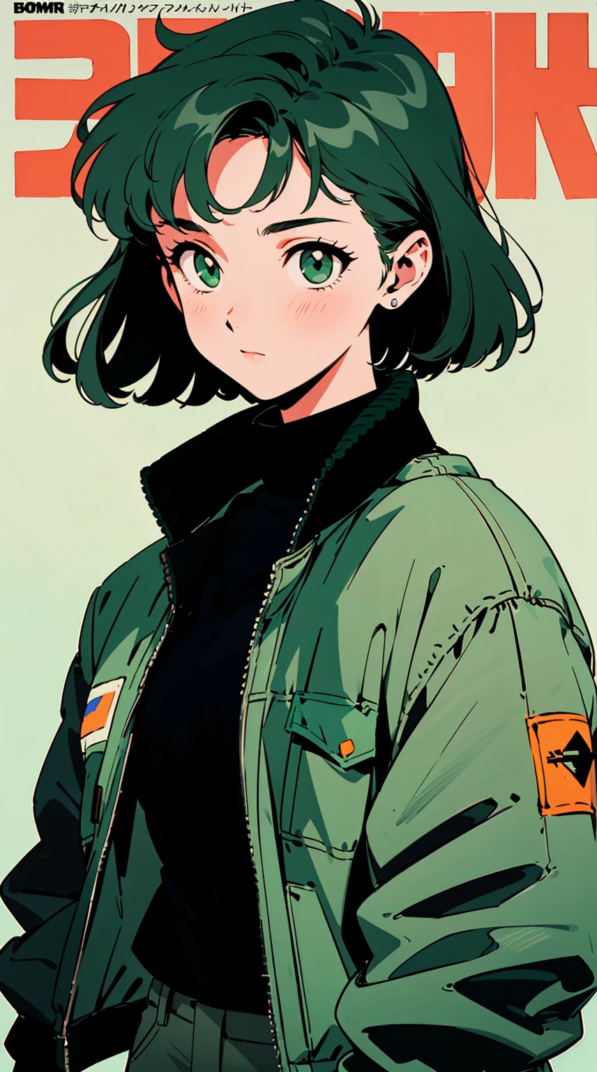 (masterpiece: 1.2, best quality), (1 lady, solo, upper body: 1.2),Detailed face, Black and white,, a girl in a black jacket and green Cargo pants standing, wearing Cargo pants, a green colored bomber jacket, Cargo pants , wearing dark green bomber jacket, black bomber jacket, black rugged clothing, cropped shirt with jacket, black pants, wearing a turtleneck and jacket, a girl wearing a black jacket, bomber jacket, black and green, white and black color scheme ((modern clothes)) Looking at the viewer, looking at the camera,,Magazine cover,a close up of a poster
