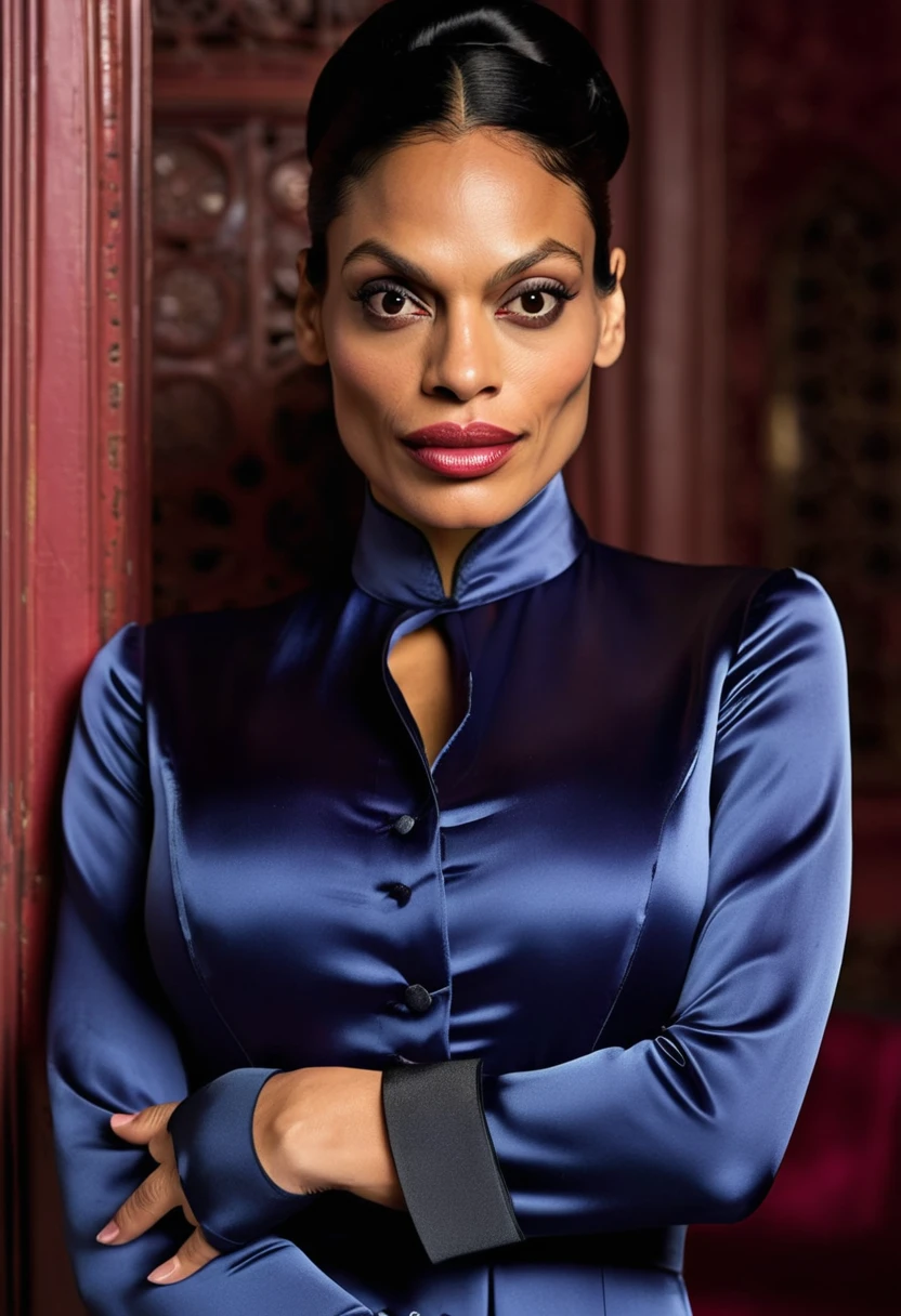 (angry  evil rosario dawson sad and angry with flared nostrils and furrowed brows:1.4), (wearing a closed satin skintight silk buttoned Victorian abaya with extremely tight satin belt:1.6), tight hairbun, silk gloves, neck defined, waist defined