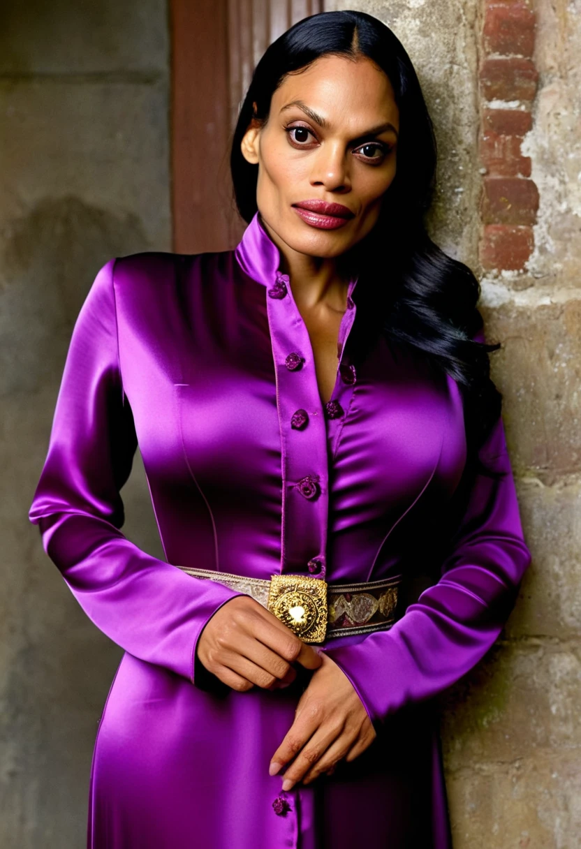(angry evil rosario dawson sad and angry with flared nostrils and furrowed brows:1.4), (wearing a closed satin skintight silk buttoned Victorian abaya with extremely tight satin belt:1.6), tight hairbun, silk gloves, neck defined, waist defined