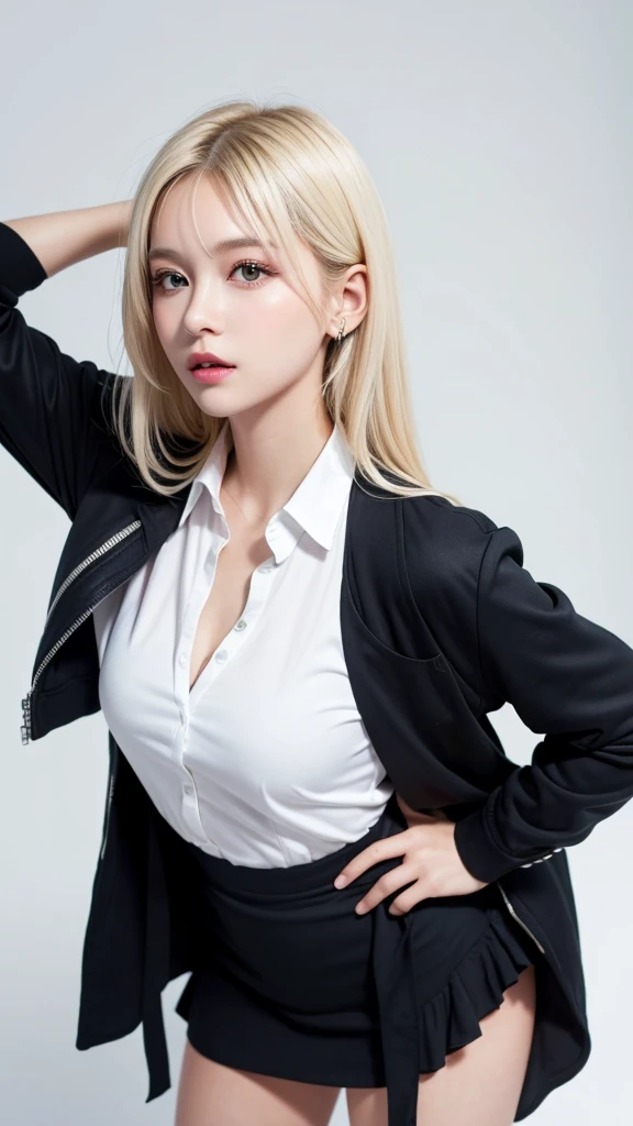 (((forehead、White Blonde Hair、Northern Europe、White people、beautiful girl、Blonde、White background、high school girl、Dress shirt、mini skirt、Jacket)))、table top, highest quality, figure, super detailed, finely, High resolution, 8k wallpaper, Perfect dynamic composition, detailed and beautiful eyes, Deco out,bionde, medium hair, big breasts, Natural color lip,white background, random cute poses,frill dress