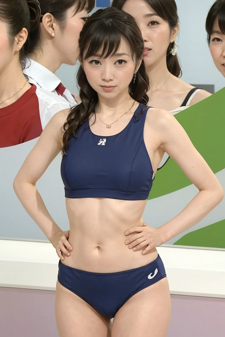 (4K, highest quality), (realistic, photorealistic), Ultra-realistic, 4K, Professional photos, Japanese girl, Three people posing together with their hands behind their backs、A well-trained body、Abs cracking、Tight athletic wear、Vaginal Crack marks, Clitoris marks, blue sky, at the Athletic track、A cute face like an idol、Different hairstyles、Intricate details、